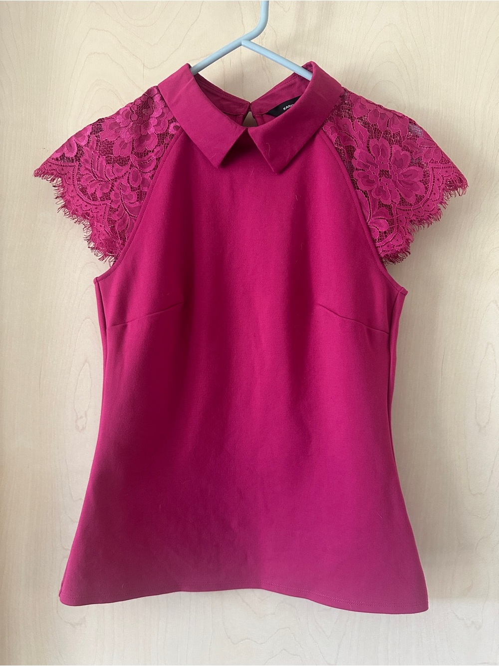 Karen Mullen Sz 4 Collared Lace Panel Sleeve Pink Viscose Top